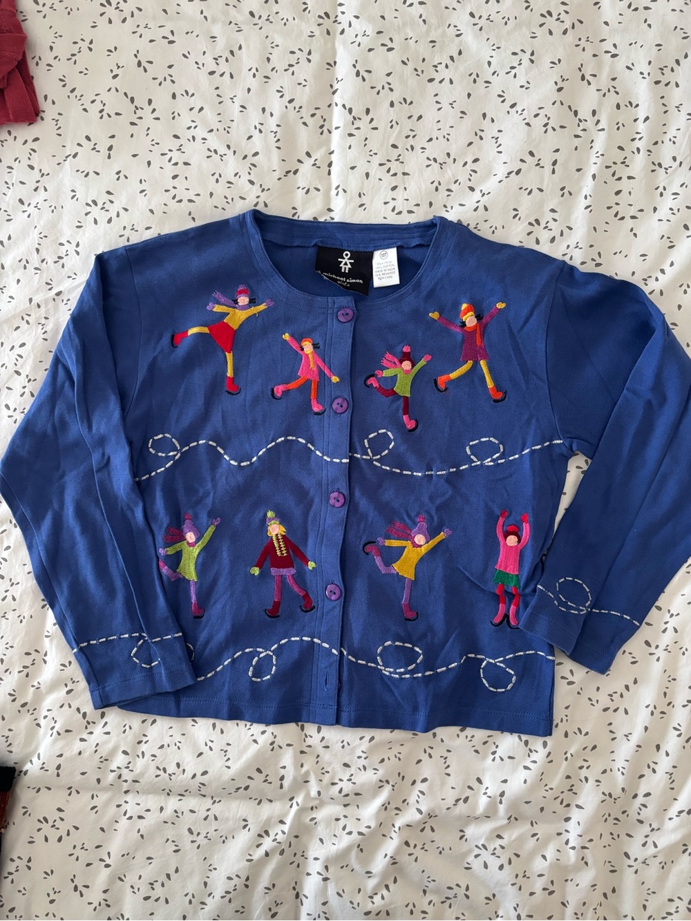 Vintage Michael Simon Girls' Blue Ice Skaters Embroidered Cardigan Jacket